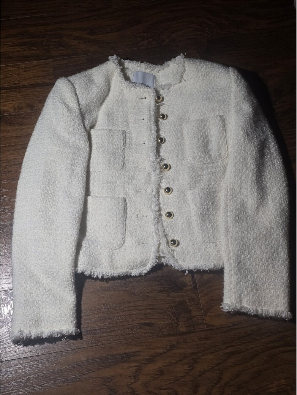 Mango MNG XS Ecru Tweed Jacket Italian Fabric Gold Buttons Cropped Fringe